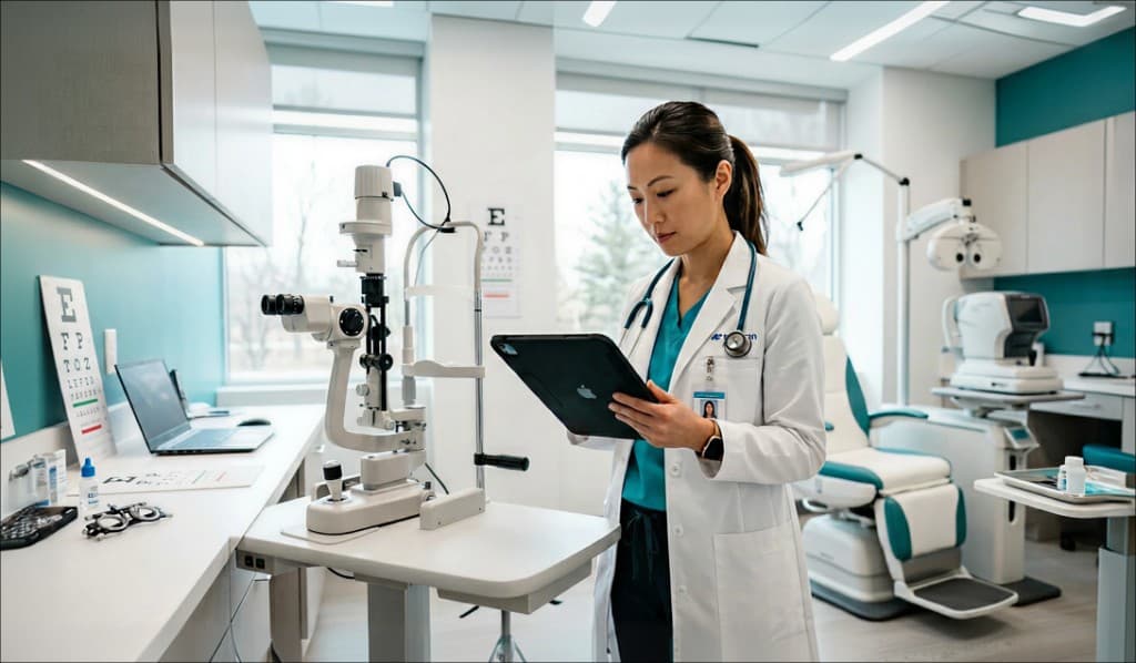 Eye care professional using a tablet in a modern clinic examination room