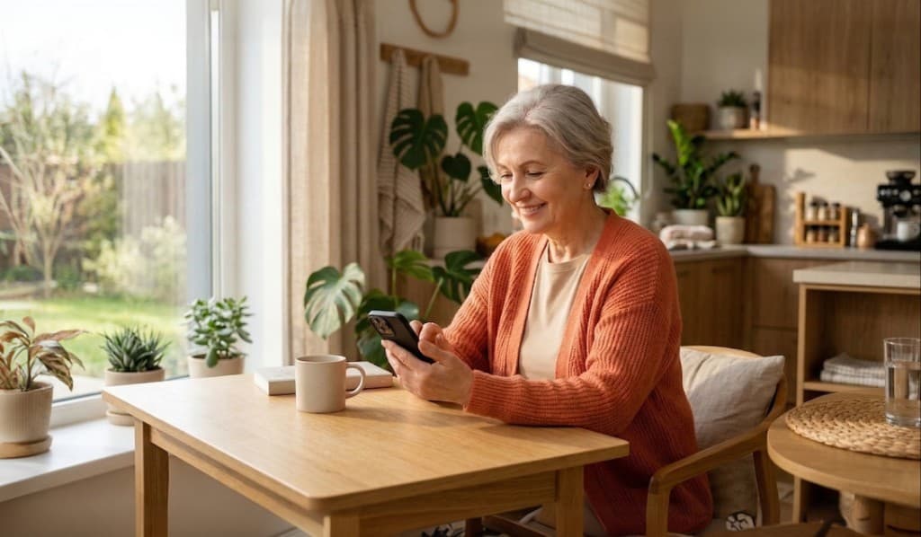 Person using a smartphone in a bright home setting