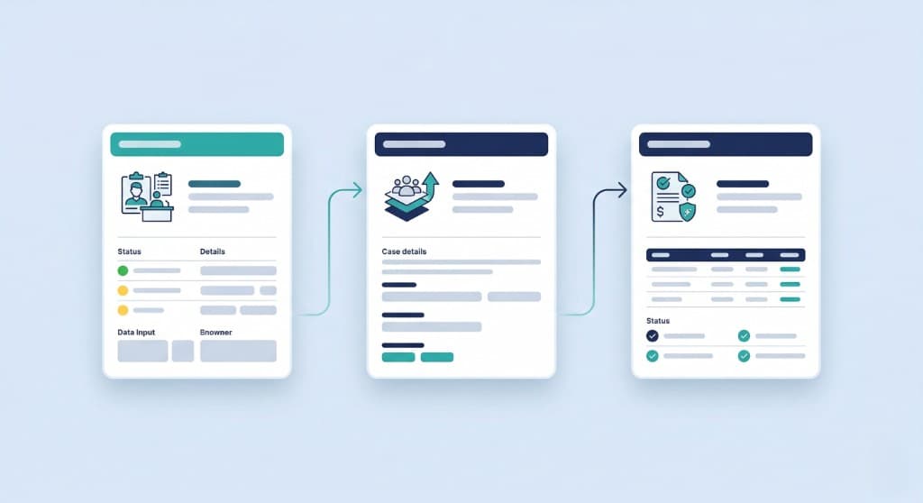 Illustration of a multi-step care workflow from intake through documentation