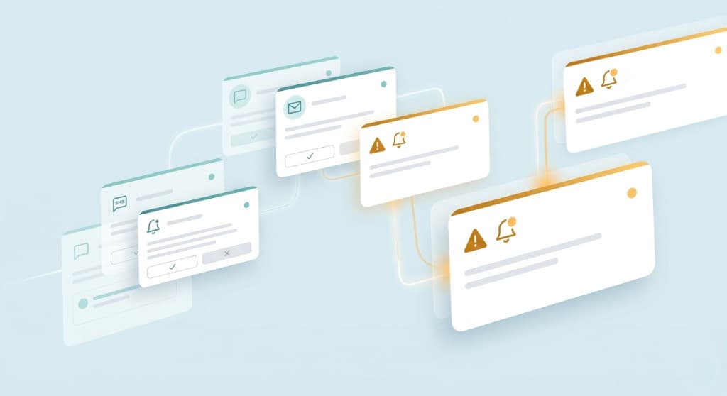 Illustration of alert and notification channels including SMS, email, and in-app warnings
