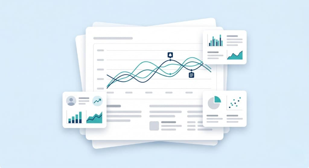 Illustration of trend analytics with layered charts and data cards