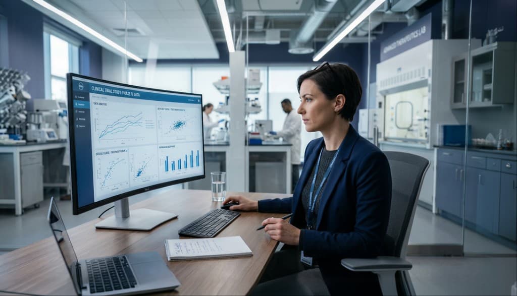 Researcher reviewing clinical trial data on a monitor in a pharmaceutical laboratory